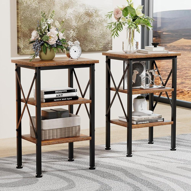 VECELO Night Stand End Side Table Set of 2,X-Design with Storage Shelf for Bedroom,Living Room,Brown
