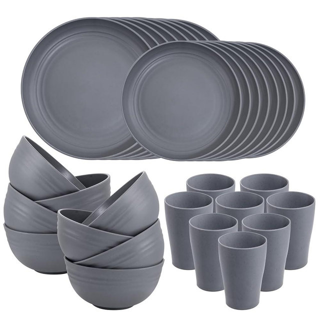 Supernal 32pcs Wheat Straw Dinnerware Sets,Unbreakable Dinnerware Sets for 8,Reusable Tableware,Straw Tableware,Dark Grey Set 16pcs Plates, 8pcs Bowls, 8pcs Cups,Microwave Dishwasher Safe