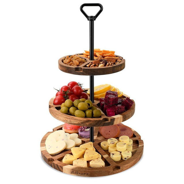 Elegant Charcuterie Boards Three Tiered Acacia Cheese Board with 360° Easy-to-Spin Trays, Perfect for Gatherings, Housewarming Gifts, Christmas, Celebrations, and Daily Usage.