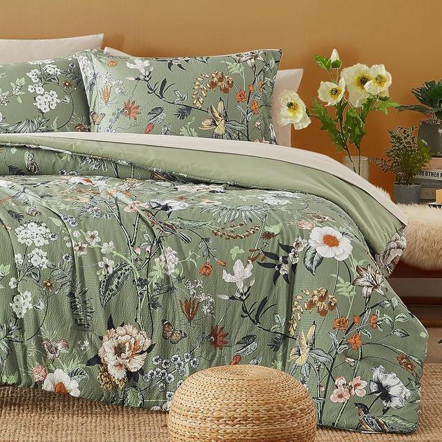 CASAAGUSTO King Size Comforter Set, 7 PCS Green Floral Comforter Set with Flowers Leaves Pattern, Soft All Season Microfiber King Bedding Set (102"X90")