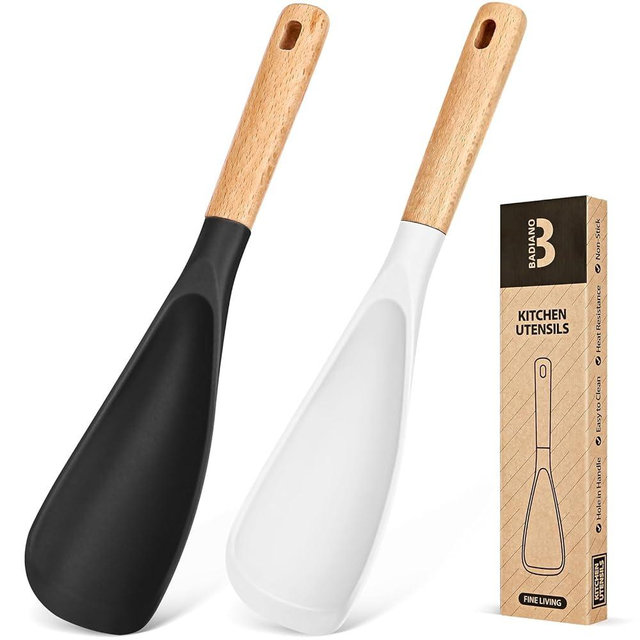 Cooking Spoon for Nonstick Cookwares, Great for Cooking and Serving Sturdy BPA-Free Matte Silicone, Wood Handle Spoon for Mixing, Scoop, and Scrape (Black & White, 11.4 inch)