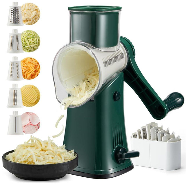 ALEXPHY Rotary Cheese Grater Hand Crank, 5 Blades Cheese shredder, Stronger Suction, Easy to Clean for Fruit, Vegetables, Nuts, Green