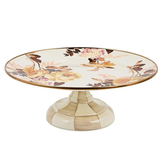 MACKENZIE-CHILDS Enamel Pedestal Platter, Round Cake Stand, Small, Wild Rose White