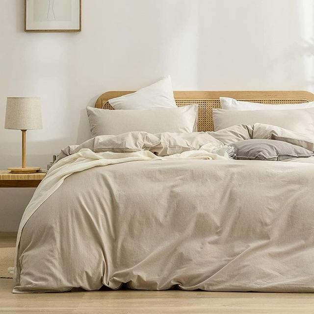 BESTOUCH Duvet Cover Set 100% Washed Cotton Linen Feel Super Soft Comfortable Chic Lightweight 3 PCs Home Bedding Set Solid Linen Beige Queen