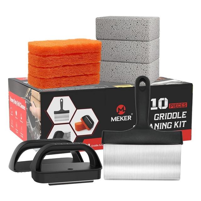 MEKER Griddle Cleaning Kit for Blackstone, Flat Top Grill Cleaning Kit with Grill Stone, Griddle Scraper & Griddle Brush with Handle - Easy to Remove Stain(10 PCS)
