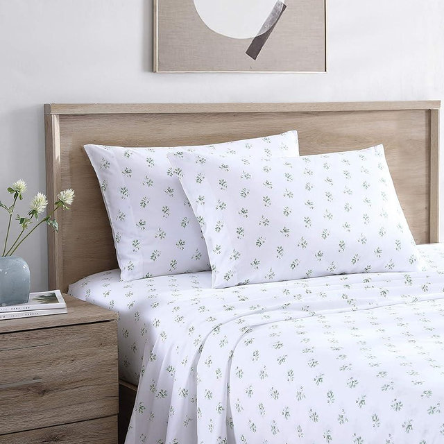 Stone Cottage - Queen Sheets, Cotton Percale Bedding Set, Crisp & Cool Home Decor (Green Sketchy Ditsy, Queen)