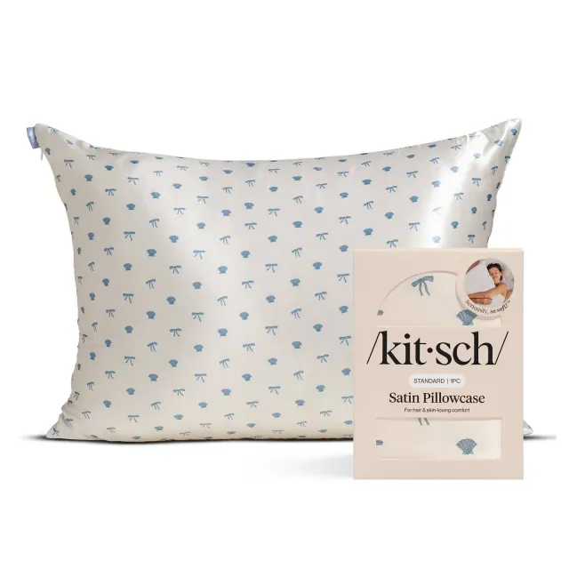 Kitsch Standard Satin Pillowcase -Pearlized Cream & Coastal Blue Print