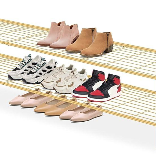 AOODA Long 2 Tier Shoe Rack for Closet Metal Wide Stackable Shoe Storage Organizer for Entryway, Bedroom, Floor, 18-Pairs Low Sneaker Shelf, Golden