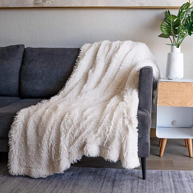 Soft Fuzzy Faux Fur Throw Blanket ,50"x60",Reversible Lightweight Fluffy Cozy Plush Fleece Comfy Furry Microfiber Decorative Shaggy Blanket for Couch Sofa Bed,Cream White