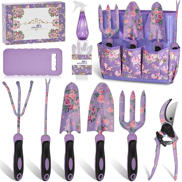 Gardening Tools, WisaKey 10 Piece Heavy Duty Purple Garden Tools Set with Non-Slip Ergonomic Handle, Durable Fashion Garden Tool Organizer HandBag, Ideal Gardening Hand Tools Gardening Gifts for Women