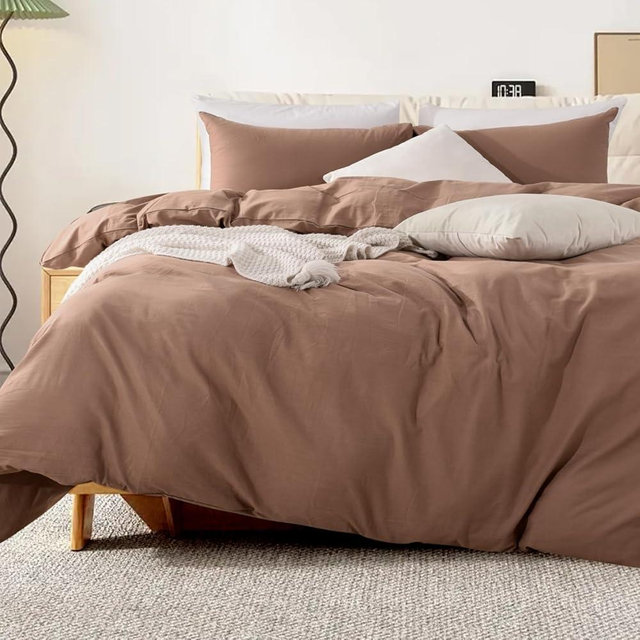 NEXHOME PRO Duvet Cover Set King Size Linen Look Organic Natural 100% Washed Cotton Duvet Cover Mocha Brown 3 Pieces Bedding Set with Zipper Closure, Breathable (No Comforter)