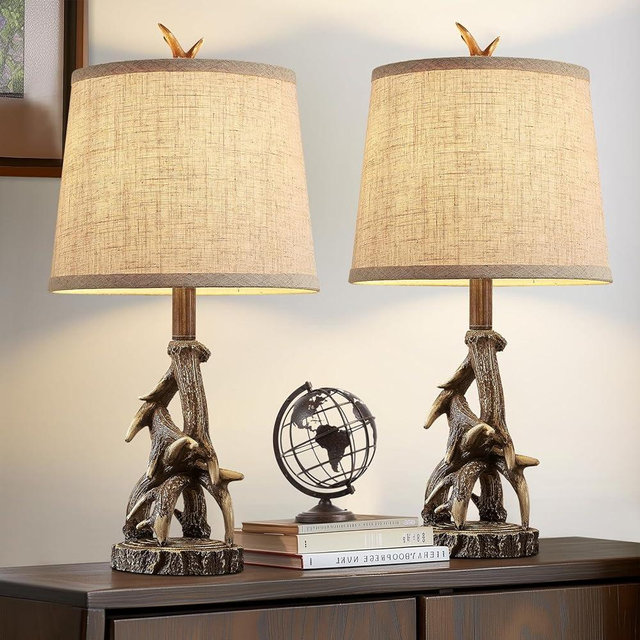 HUITICO 23'' Rustic Farmhouse Table Lamps Set of 2 Deer Antler Lamps for Bedroom Nightstand Lamp Western Cabin Side Lamp for Living Room End Table Study Room Desk,Brown