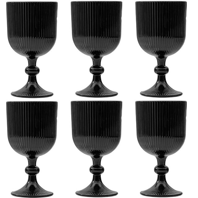 Black Vintage Wine Glasses Set of 6, 11 Ounces Colored Glass Water Goblets, Unique Embossed Pattern High Clear Stemmed Glassware Wedding Party Bar Glass Drinking Cups Fancy Glasses Hand Wash Only