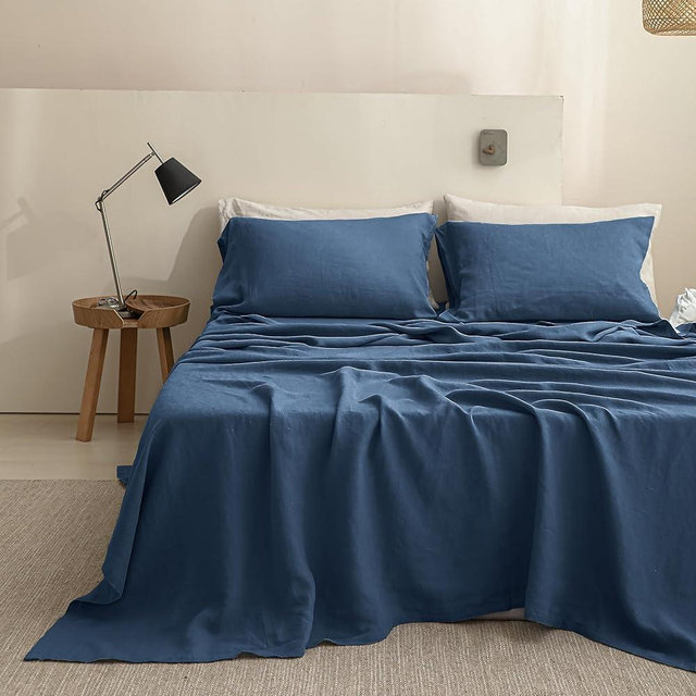 Simple&Opulence 100% Linen Sheets Queen Size Set, 4 Pcs Natural French Linen Bed Sheets, Breathable Soft Durable Bedding Set for All Season (Classic Blue, Queen)