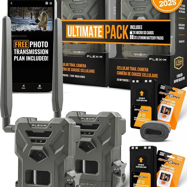 SPYPOINT Flex-M 2-Pack and SD Card 2-Pack with LIT-22 | Cellular Trail Cameras | Best Value in Hunting | No WiFi Needed, GPS-Enabled | Night Vision | IP65 Waterproof | 28MP Photos, 720p Videos