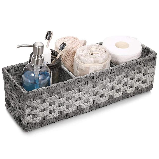 [Larger Compartments] Toilet Paper Basket for Tank Topper - Over, Top, Back of Toilet Tank Tray Split Hand-woven Basket - Rustic, Farmhouse Bathroom Decor, Storage Bin, Counter Organizer Basket, Gray