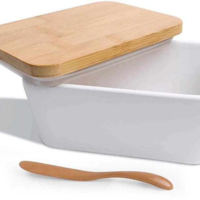 6 Inch Airtight Porcelain Butter Keeper, White Large Ceramic Butter Dish with Bamboo Lid, Holds Up to 2 Sticks of Butter