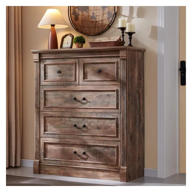 Sincido 5 Drawers Dresser for Bedroom, Farmhouse 46" Tall Dressers w/Roman Column, Light Brown