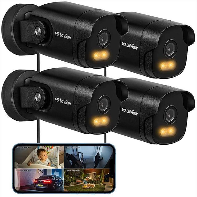 LaView 2K Security Camera Outdoor with Color Night Vision,3MP Wired Cameras for Home Security,IP65 Waterproof Camera, 24/7 Live Video,2 Way Audio,Cloud Storage/SD Slot,Compatible with Alexa(4pcs)