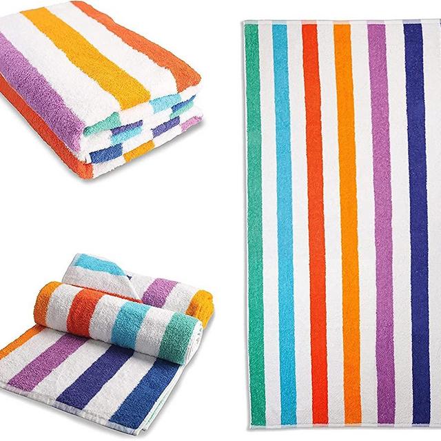 OrganicMate Large Beach Towels Set of 2 - 35x70 Soft & Absorbent Oversized Sheet Made of 100% Organic Cotton - for Swimming Pool, Home, Bath, Spa & Outdoor Use - Bright Colors Elegant Striped Design
