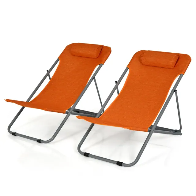 Tangkula 2 PCS Beach Chair Lounger Reclining Folding Chair w/3-Position Adjustable Backrest Orange