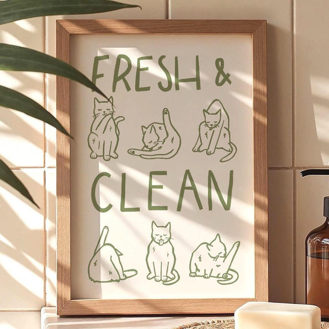 Fresh & Clean Cat Bathroom Wall Art, Funny Cat Poster for Bathroom Decor, Minimalist Cat Grooming Print, Cute Animal Wall Art for Pet Lovers