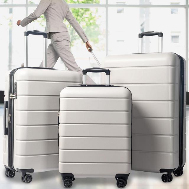 Carry on Luggage Set, 3pcs 20''/24''/28'' Fashion Lightweight Suitcase Travel Sets for Women, 3-in-1 Portable Trolley Case with Telescoping Handle, Outdoor Hardside Luggage Set, Beige, S9351
