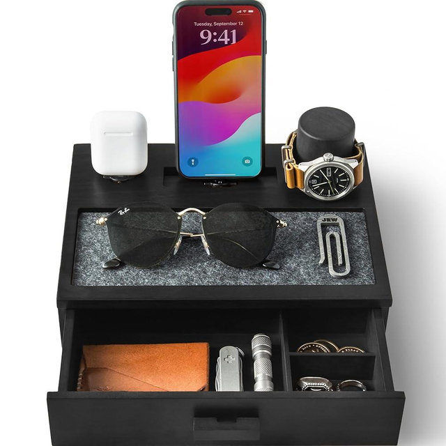 Holme & Hadfield Premium Wooden Phone Docking Station with Drawer – Nightstand Organizer for Charging Phone & Earbuds – Declutter Your Space with Felt-Lined Protection & Watch Pillar – Gift for Men