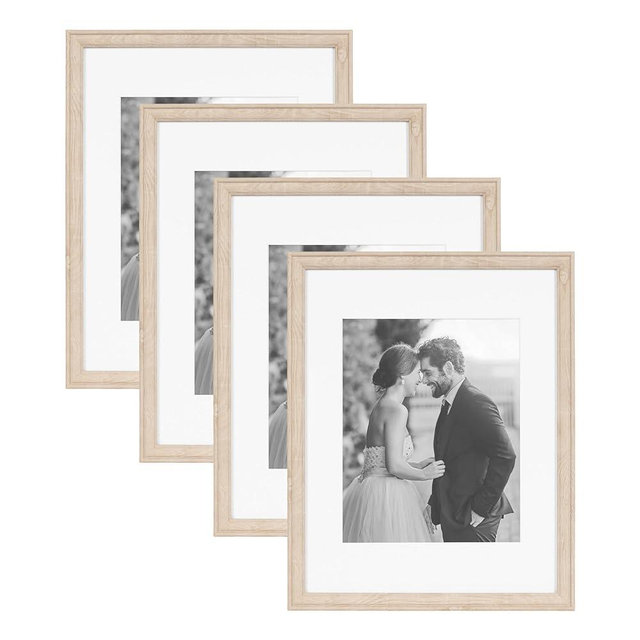 Kate and Laurel Adlynn Rectangle Picture Frame Set of 4, 11 x 14 matted to 8 x 10, Natural, Transitional Four-Piece Frame Set for Gallery Wall Frame Set in Living Room Wall Decor
