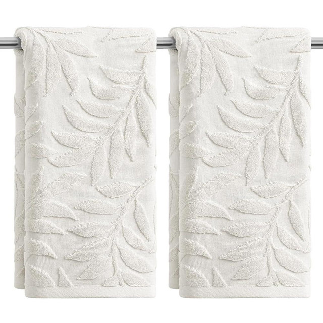 Artoid Mode 2 Pcs White 3D Leaves Jacquard Spring Hand Towels for Bathroom, 100% Cotton Soft Absorbent Bathroom Decor Towels, 13.7 x 29.5 Inch