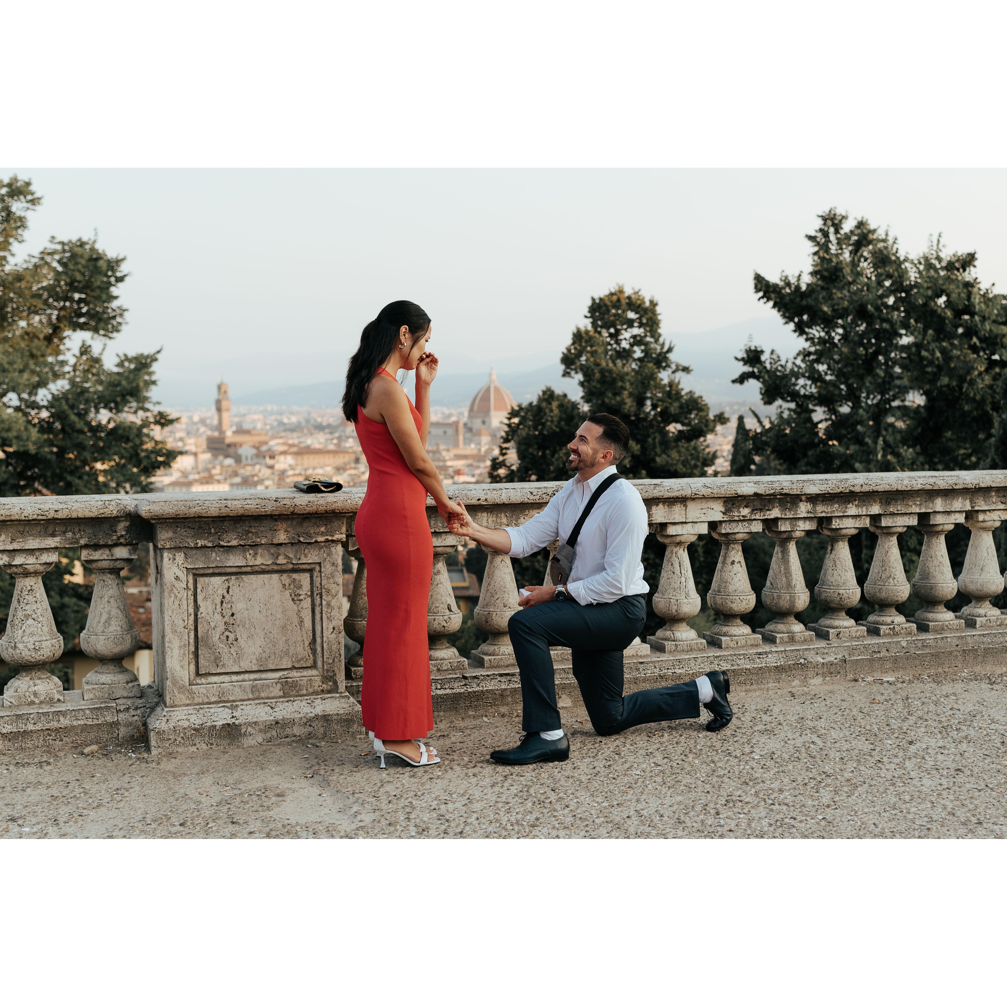 Aug. 2023: The ultimate trip to Florence, Italy where Ryan proposed while looking over the sunrise at the Piazzale Michelangelo.