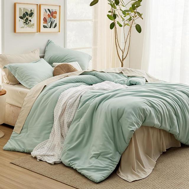 Bedsure Queen Comforter Set Sage Green, 7 Pieces Soft Comforter for Queen Size Bed with Sheets, Pillowcases & Shams, All Season Boho Bed in a Bag Queen Size, Contrasting Design