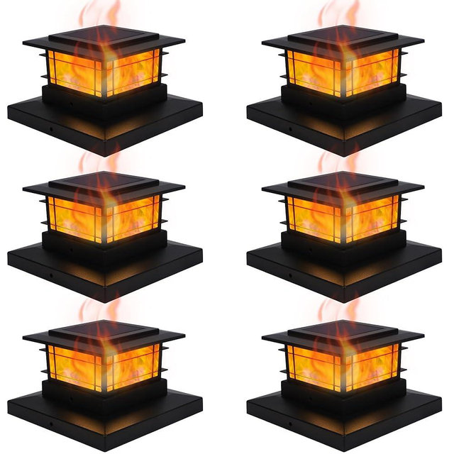 Dynaming 6 Pack Solar Post Cap Lights Outdoor with Flickering Flame Light, Fence Post Solar Lights Fit for 4x4 5x5 6x6 Vinyl/Wooden Posts, High Brightness SMD LED Lighting Decor for Garden Deck Patio