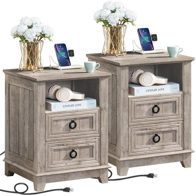 Joaxswe 18" Farmhouse Night Stands Set of 2 with Charging Station, 2 Drawers End Table Dresser for Bedroom, Oak Wooden Nightstand, Bed Side Table with Open Shelf, Bedside Cabinet for Living Room