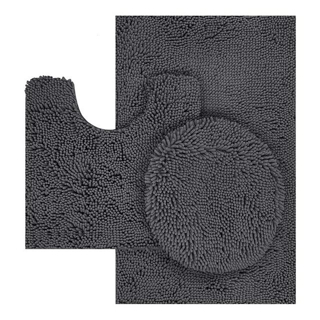 TREETONE Chenille Bath Mat 3 Piece Bathroom Rugs Set , 20x20 Inchs U-Shape Contoured Toilet Mat & 20x32 Inchs Rug & 1 Lid Cover ,Soft ,Water Absorbent Rugs for Tub Shower & Bath Room - Charcoal Gray