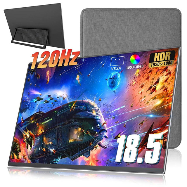 18.5 inch Portable Monitor + Sleeve 120Hz 1080P,100% sRGB FHD HDR USB HDMI with VESA Ultra Slim Portable Laptop Office Monitor,for Computer Switch Phone Game Devices