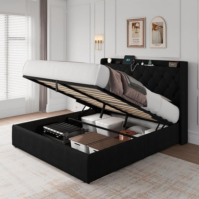 iPormis Queen Lift Up Storage Bed Frame with Charging Station, Upholstered Platform Bed Frame with Linen Headboard, Hydraulic Storage, No Box Spring Needed, Noise-Free, Easy Assembly, Black