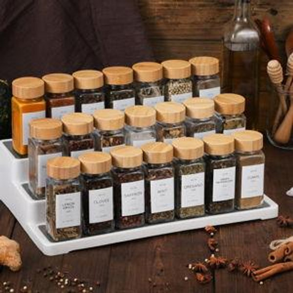 NETANY 24 Pcs Glass Spice Jars with Bamboo Lids, 4 oz Glass Jars with Minimalist Farmhouse Spice Labels Stickers, Collapsible Funnel, Seasoning Storage Bottles for Spice Rack, Cabinet, Drawer