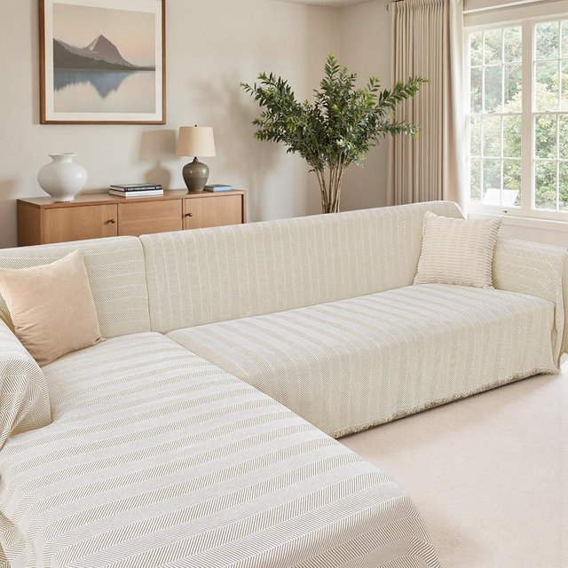 CAPALOCA Sectional Couch Covers 2 Pieces, Chenille L Shaped Couch Cover Blanket for Sectional Sofa with Herringbone Pattern Washable Sofa Slipcovers (X-Large: 71" x 110" + 71" x 118", Almond Cream)