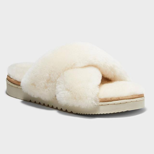 Women's dluxe by dearfoams Rossland Genuine Shearling Crossband Slippers - Natural 11