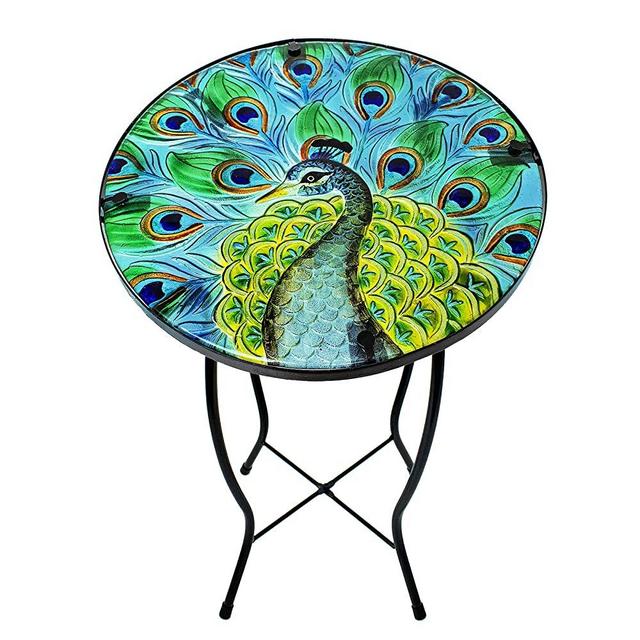 TEYIGARDEN Patio Side Table Outdoor Glass Round Mosaic Accent Table Indoor Coffee Table Peacock End Table for Garden Patio Balcony Poolside