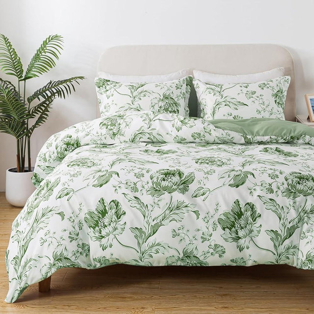 BedTreat Floral Duvet Cover Set King Size,3pcs Reversible Pattern-Solid Design Bedding Set,1 Duvet Cover with Zipper Closure & 8 Ties and 2 Pillow Shams,Soft(No Comforter)-Lisse,Tulip Sea