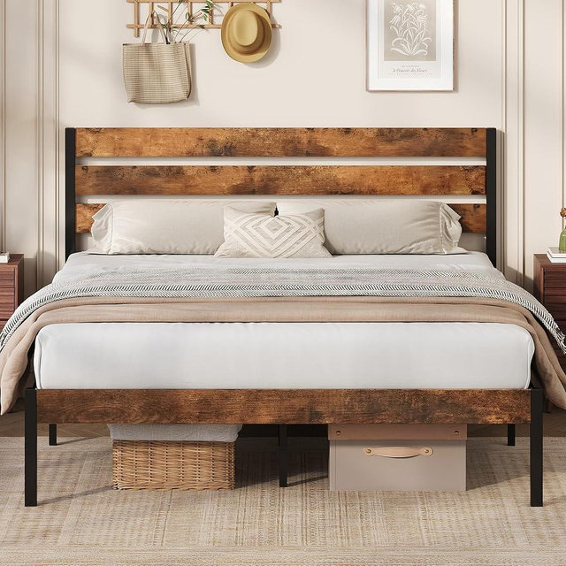 WLIVE Queen Bed Frame with Headboard, Metal Platform Bed Frame with Under Bed Storage, 1500LBS Mattress Foundation, No Box Spring Needed, Easy Assembly, Rustic Brown