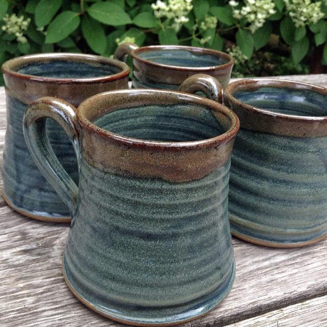 Set of rustic pottery mugs, slate blue...