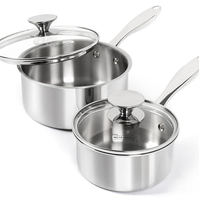 MICHELANGELO 1Qt & 2Qt Tri-ply Stainless Steel Saucepan Set, Small Cooking Pots with Tempered Glass Lids, Induction Ready, Oven & Dishwasher Safe, Multipurpose Sauce Pans for Home Kitchen & Restaurant