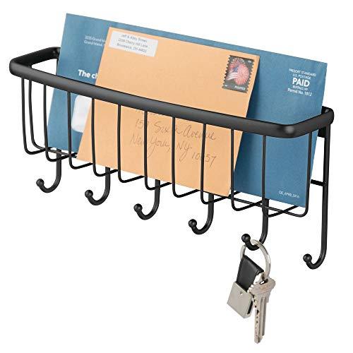 mDesign Wall Mount Metal Entryway Storage Organizer Mail Sorter Basket with 6 Hooks - Letter, Magazine, Coat, Leash and Key Holder for Entryway, Mudroom, Hallway, Kitchen, Office - Black