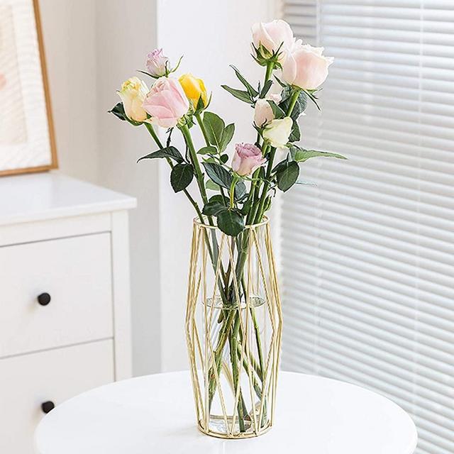 Gelible Geometric Glass Vase with Metal Bracket, Crystal Transparent Inner Vase, Hand-Plated Geometric Metal Vase, Light Gold Color Vase Decoration for Home Office Wedding Holiday Party Gifts