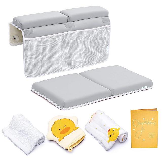 Bath Kneeler and Elbow Rest Pad, 1.75 inch Extra Thick Baby Bath Kneeling Pad and Elbow Pad for Bathtub. Bath Tub Elbow Pad with Infant Toy and Baby Accessories Organizer, Grey
