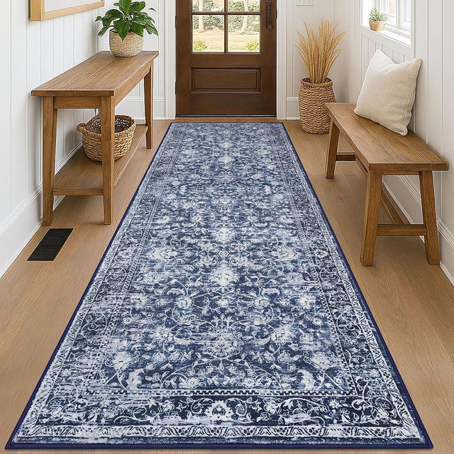 KILOCOCO Hallway Runner 3x8 Rug Runner Printed Vintage Floral Washable Kitchen Runners Non-Slip Rubber Backed Runners for Hallways Laundry Room Distressed Boho Rugs for Entryway Bedroom, Blue