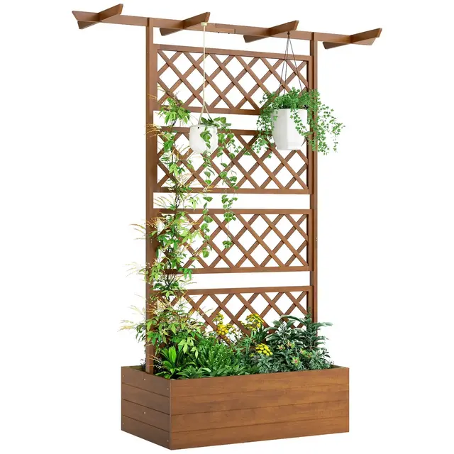 Outsunny Wooden Raised Garden Bed, Planter with Trellis to Grow Vegetables, Herbs and Flowers
